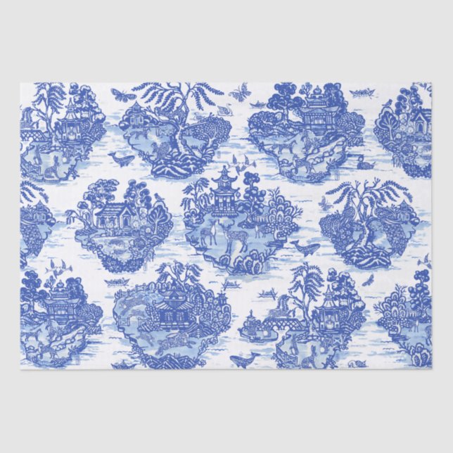 Blue Willow Animal Rabbit Deer Fox Bird Toile Art Tissue Paper (Front)