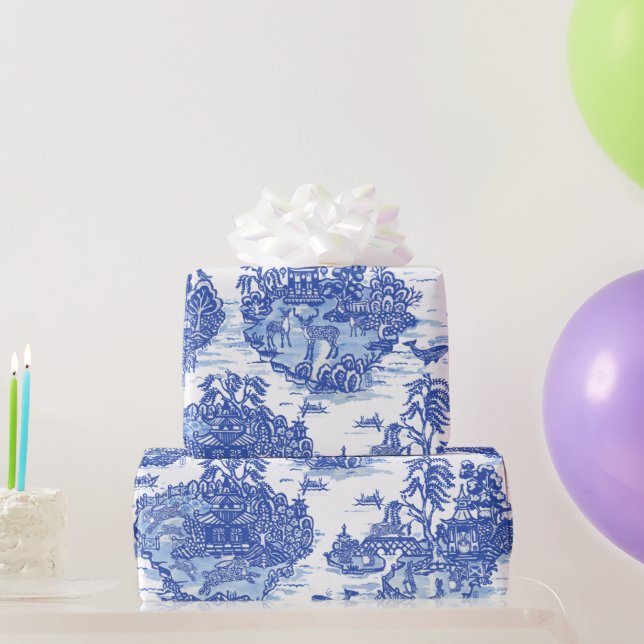 Blue Willow Animal Rabbit Deer Fox Bird Toile Art  Wrapping Paper (Party Gifts)
