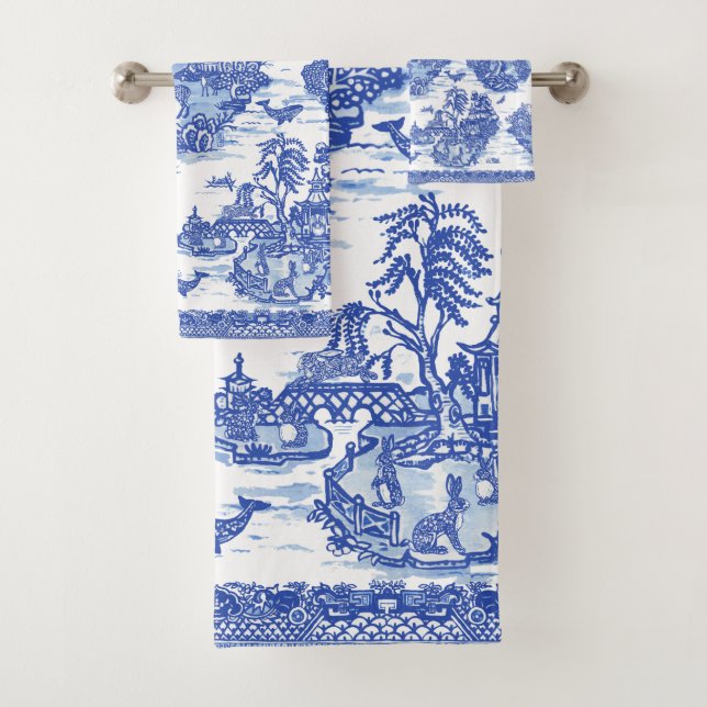Blue Willow Animal Rabbit Deer Fox Bird Toile Bath Towel Set (Insitu)