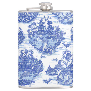 Blue Willow Animal Rabbit Deer Fox Bird Toile Hip Flask