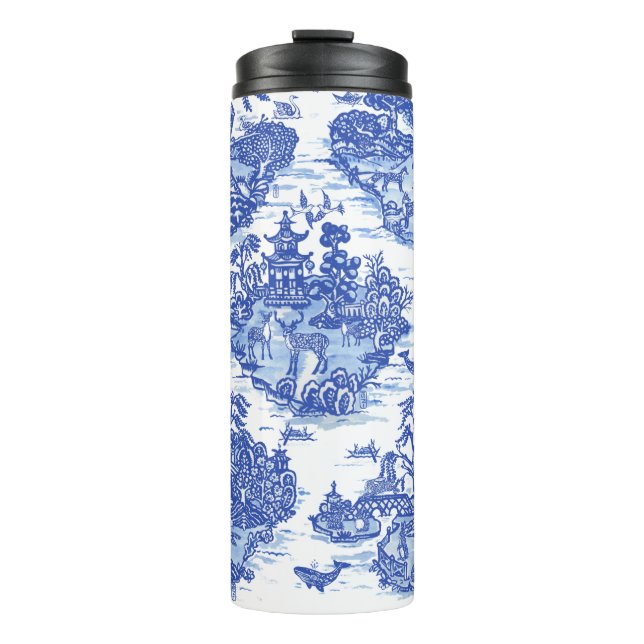 Blue Willow Animal Rabbit Deer Fox Bird Toile Thermal Tumbler (Front)