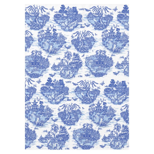 Blue Willow Animal Rabbit Fox Deer Oriental Design Tablecloth (Front)
