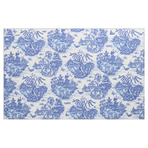 Blue Willow Animal Rabbit White Whimsical Toile  Fabric