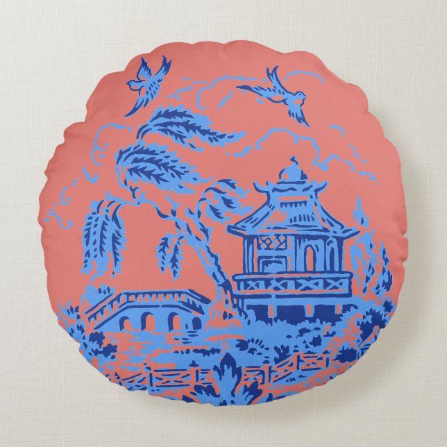 Blue Willow Blue & Salmon Pink Pillow (Front)