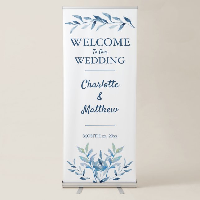 Blue Willow Branches Watercolor Wedding Retractable Banner (Front)
