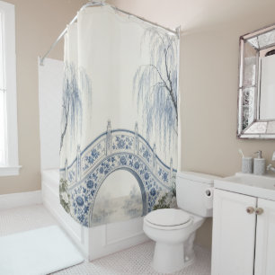 Blue Willow Bridge Serene Garden Shower Curtain