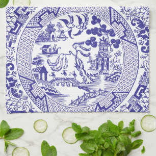 Blue Willow China Pattern with Personalised Name Tea Towel
