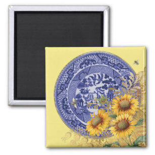 Blue Willow China Plate Sunflowers & Bees Magnet