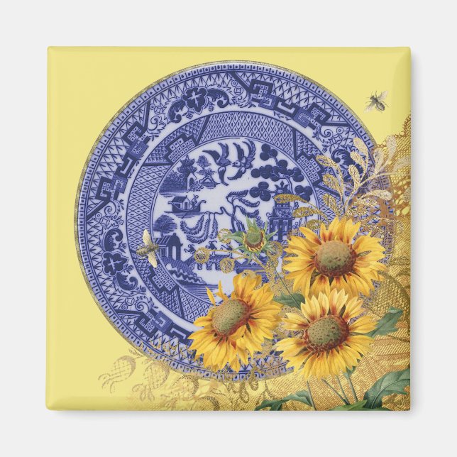 Blue Willow China Plate Sunflowers & Bees Magnet (Front)