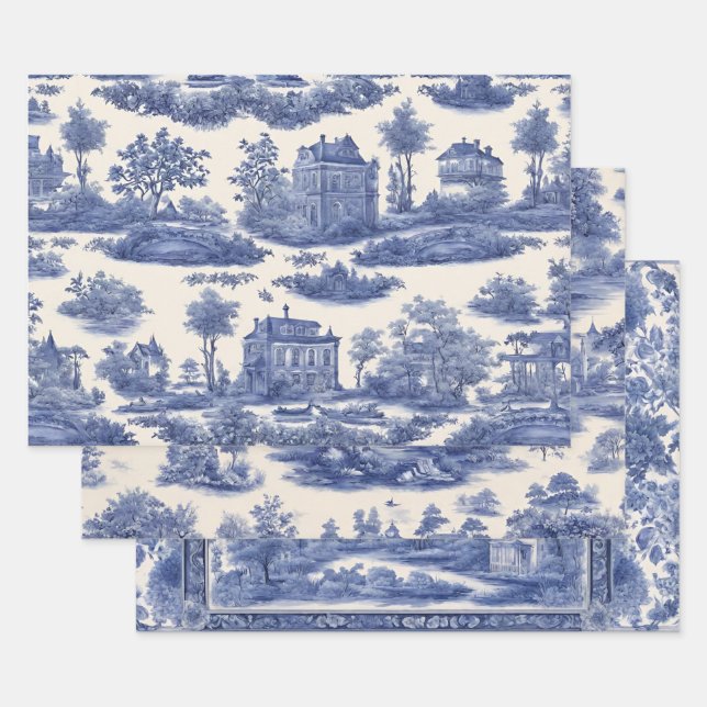 Blue willow Decoupage Set of Three  Wrapping Paper Sheet (Set)