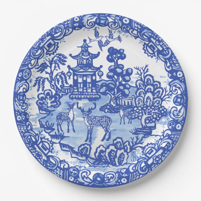 Blue Willow Deer Asian Temple Garden Art Paper Plate (Front)