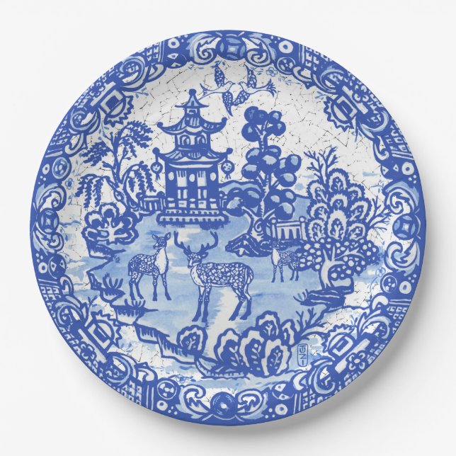 Blue Willow Deer Asian Temple Garden Crackle Look Paper Plate (Front)