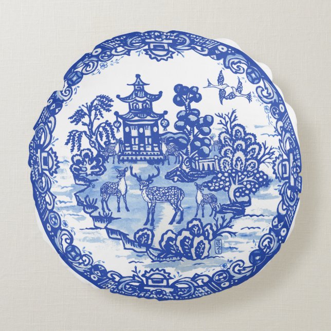 Blue Willow Deer Herd Antique Pagoda Phoenix Round Cushion (Front)