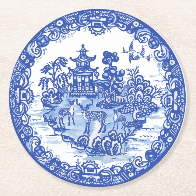 Blue Willow Deer Herd Antique Pagoda Phoenix Round Paper Coaster (Front)