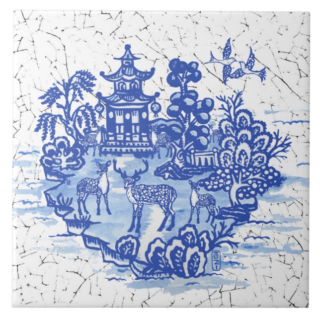 Blue Willow Deer Herd Antique Pagoda Phoenix Tile (Front)