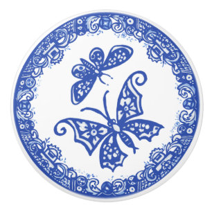 Blue Willow Design Floral Butterfly Design Unique Ceramic Knob