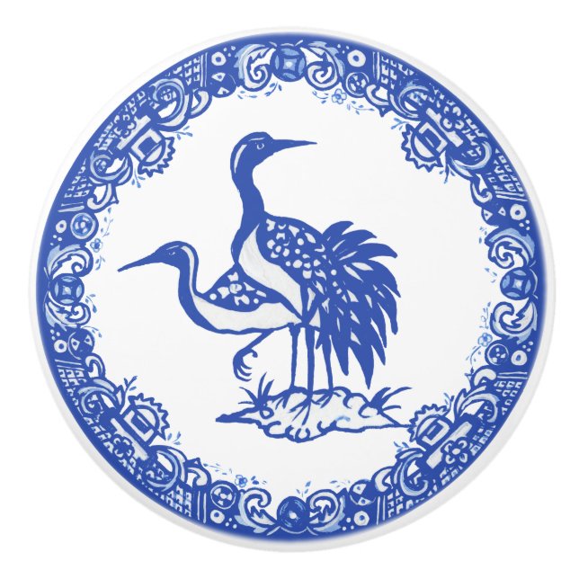 Blue Willow Design Floral Crane Pair Facing Left Ceramic Knob (Front)