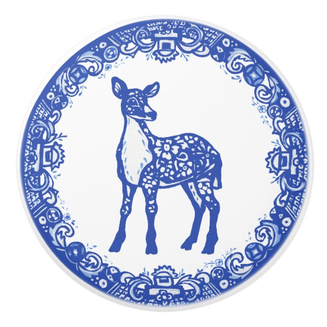 Blue Willow Design Floral Deer Doe Faces Left Ceramic Knob (Front)