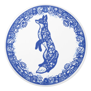 Blue Willow Design Fox Standing Facing Left Ceramic Knob