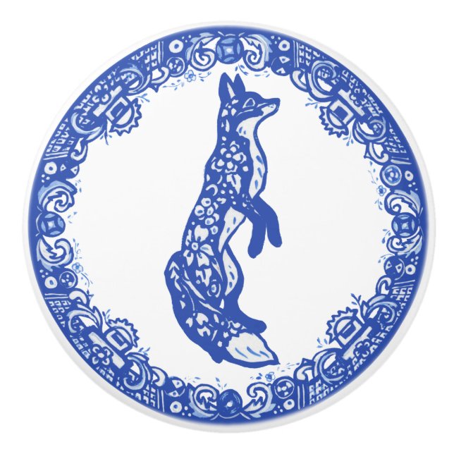 Blue Willow Design Fox Standing Facing Right Ceramic Knob (Front)