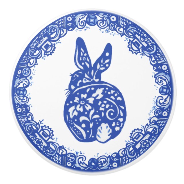 Blue Willow Design Rabbit Bunny Cute Faces Left Ceramic Knob (Front)