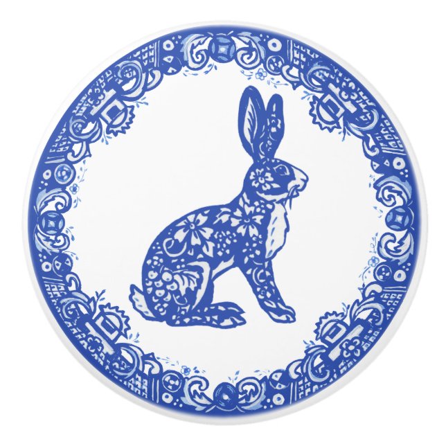 Blue Willow Design Rabbit Bunny Cute Faces Right Ceramic Knob (Front)