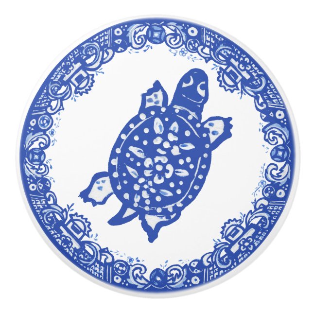 Blue Willow Design Spotted Turtle Cute Faces Right Ceramic Knob (Front)