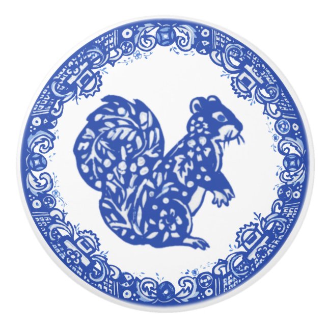 Blue Willow Design Squirrel Whimsical Faces Right Ceramic Knob (Front)