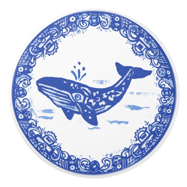 Blue Willow Design Whale Whimsical Faces Left Ceramic Knob (Front)