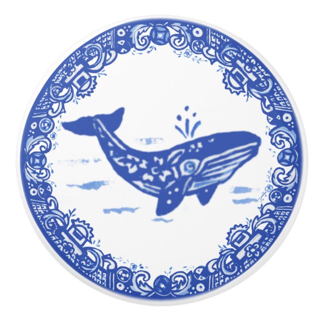 Blue Willow Design Whale Whimsical Faces Right Ceramic Knob (Front)