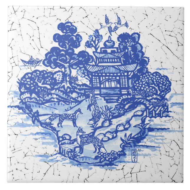 Blue Willow Fox Foxes Floral Antique Pagoda Bird Tile (Front)