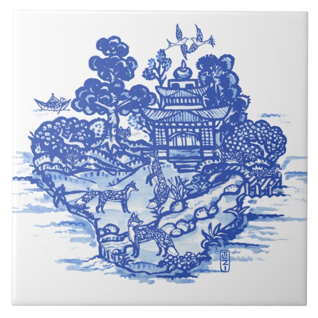 Blue Willow Fox Foxes Floral Antique Pagoda Bird Tile (Front)