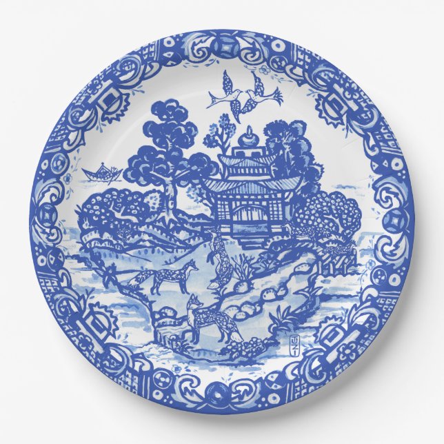 Blue Willow Fox Island Asian Temple Garden Art Paper Plate (Front)