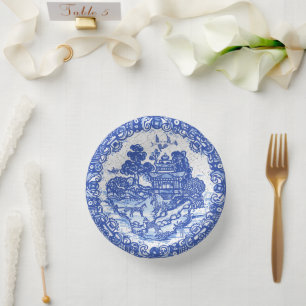 Blue Willow Fox Island Asian Temple Garden Crackle Paper Plate