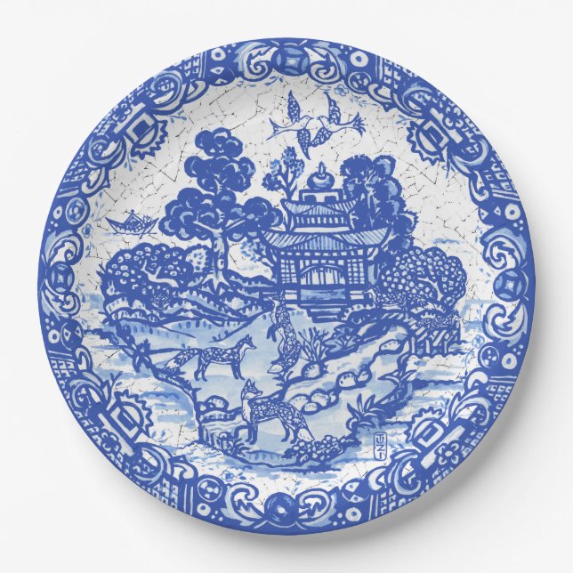 Blue Willow Fox Island Asian Temple Garden Crackle Paper Plate (Front)