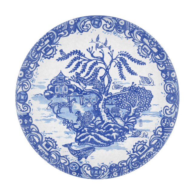 Blue Willow Fox Rabbit Squirrel Bird Whale Pagoda  Cutting Board (Front)