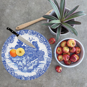 Blue Willow Fox Whimsical Floral Scene Birds Cutting Board