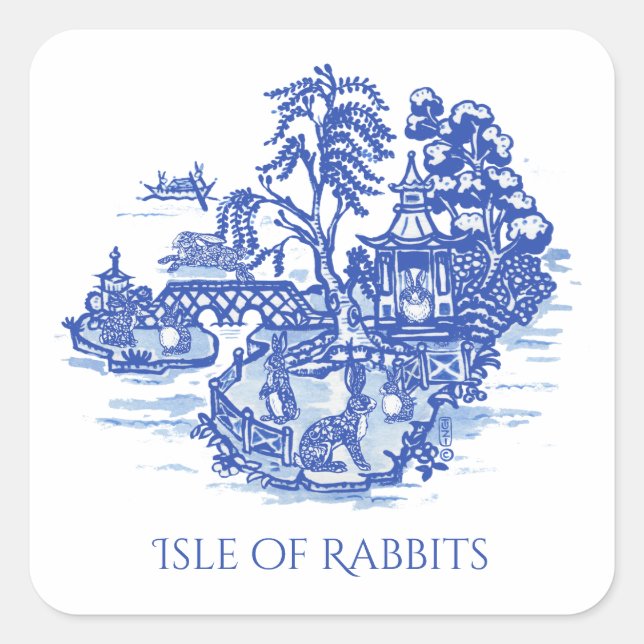 Blue Willow I Love Rabbits Classic Chinoiserie Square Sticker (Front)