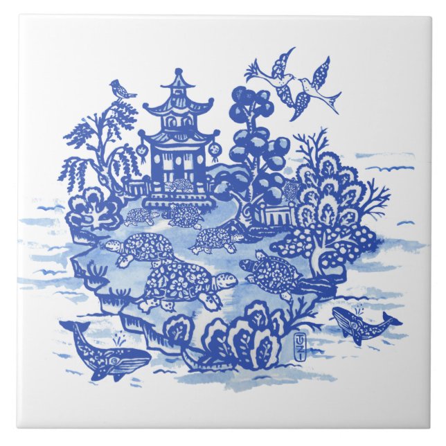 Blue Willow Isle of Turtles Whimsical Garden Tile (Front)