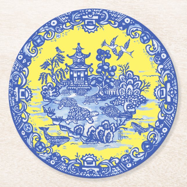 Blue Willow Isle of TurtlesYellow Garden  Round Round Paper Coaster (Front)