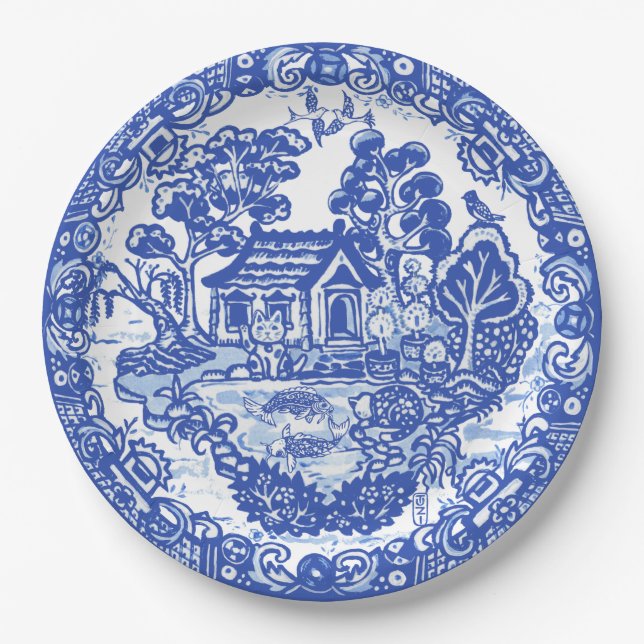 Blue Willow Lucky Cat Koi Bird Asian Temple Garden Paper Plate (Front)