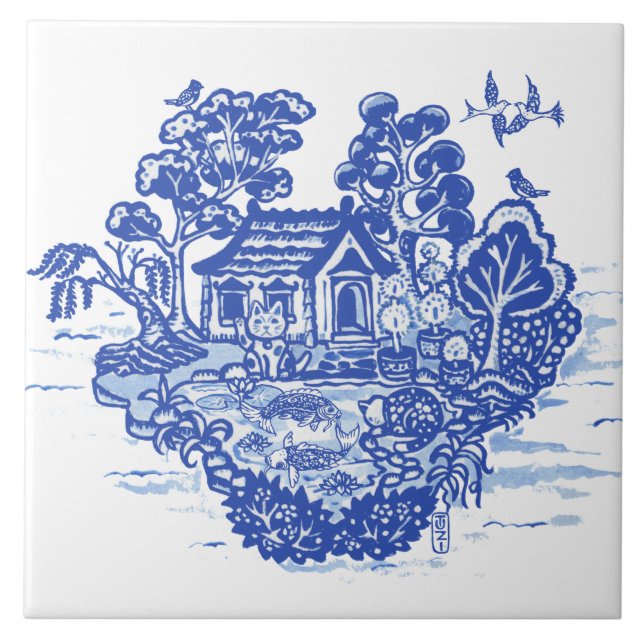 Blue Willow Lucky Cat Koi Pond Antique Fantasy Tile (Front)