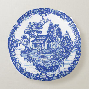 Blue Willow Lucky Cat Koi Pond China Temple Unique Round Cushion