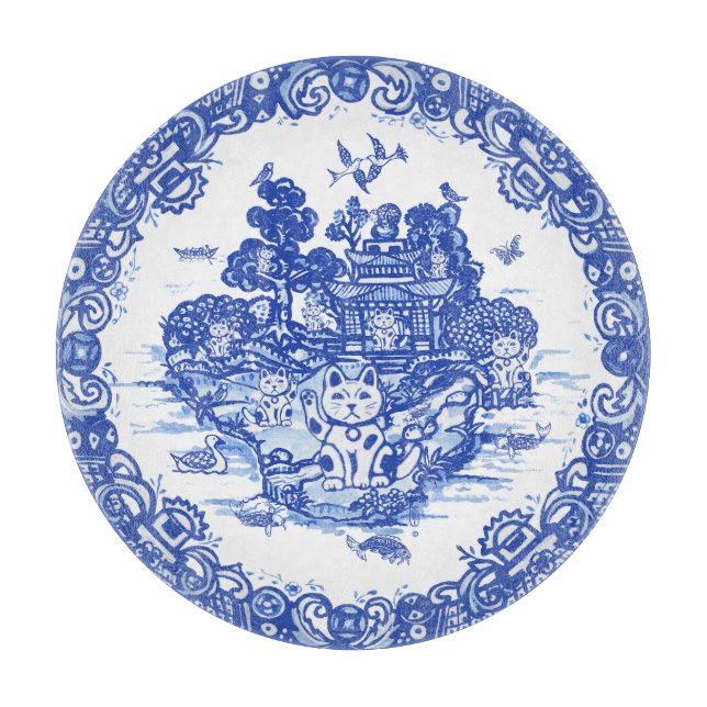 Blue Willow Lucky Cat Whimsical Chinoiserie Art Cutting Board (Front)