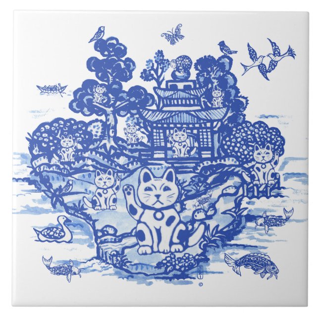 Blue Willow Lucky Cat Whimsical Chinoiserie Art Tile (Front)