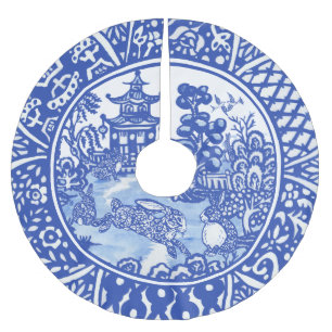 Blue Willow Oriental Rabbit Whimsical Blue & White Brushed Polyester Tree Skirt