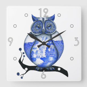 Blue Willow Owl Wall Clock