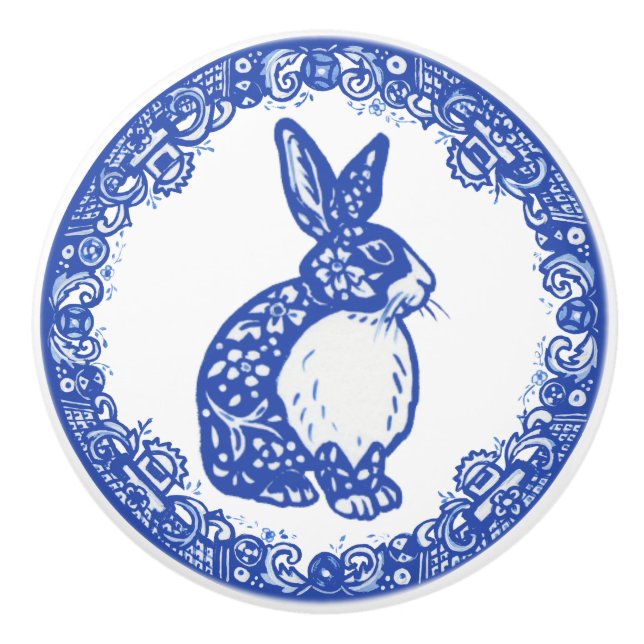 Blue Willow Pattern Rabbit Bunny Cute Faces Right Ceramic Knob (Front)