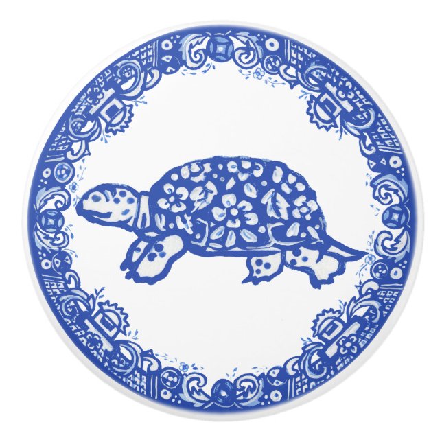 Blue Willow Pattern Turtle Tortoise Cute Face Left Ceramic Knob (Front)