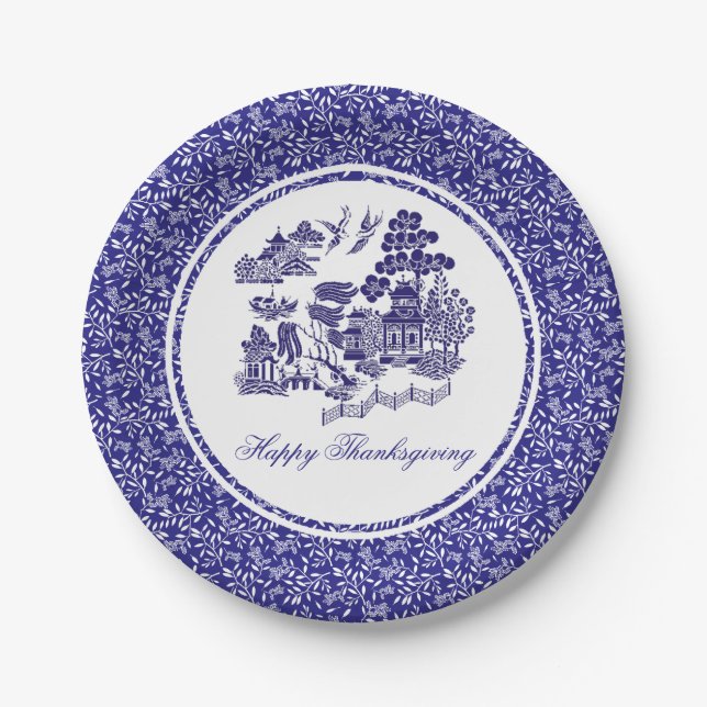 Blue Willow Pattern Your Greeting or Holiday Paper Plate (Front)
